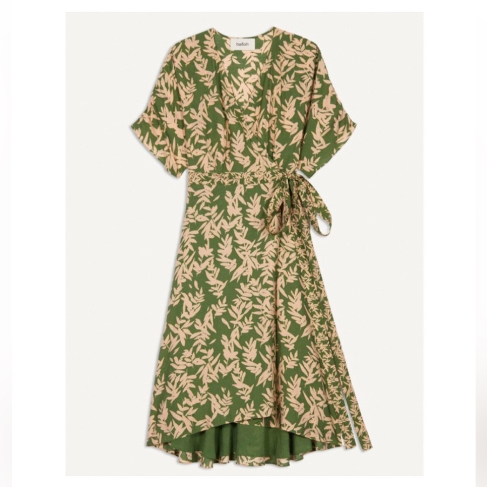 ba&sh Tabby Asymmetrical Wrap Dress Bamboo Leaf Print Green Size 0 US 2
